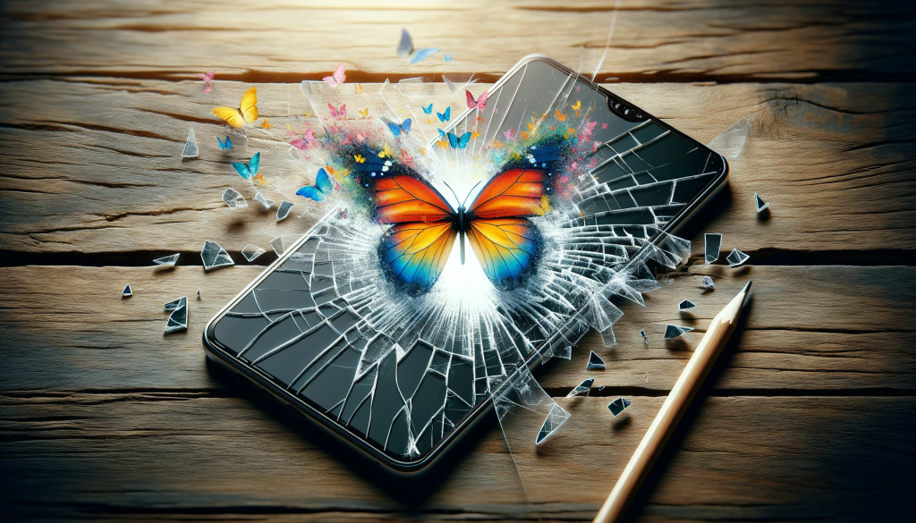 Butterfly-emerging-from-a-cracked-smartphone-screen