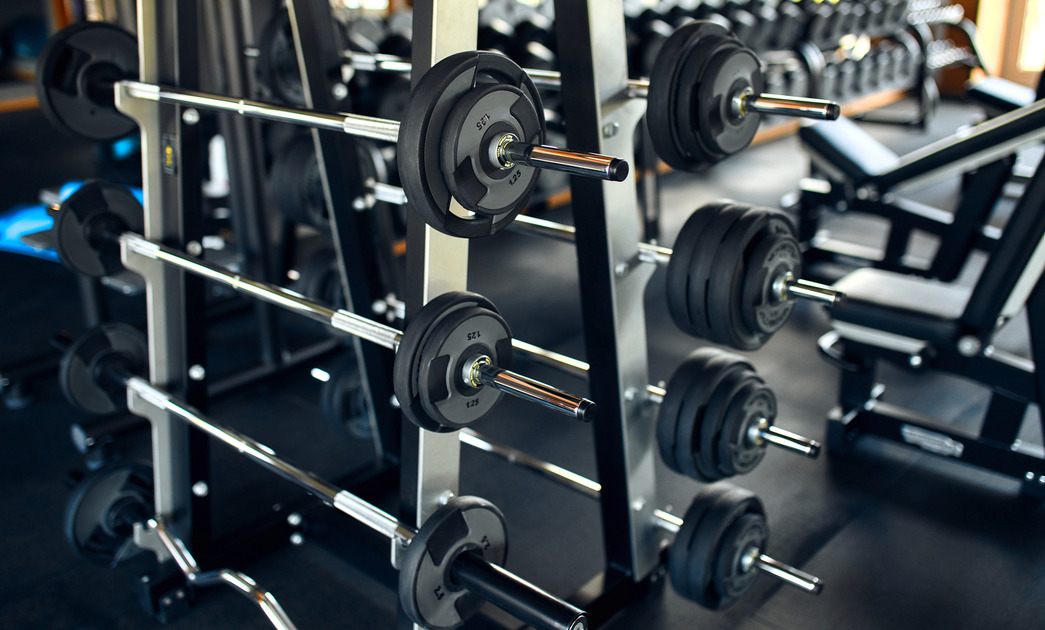 Sports equipment in the gym. Barbells of different weights on the rack
