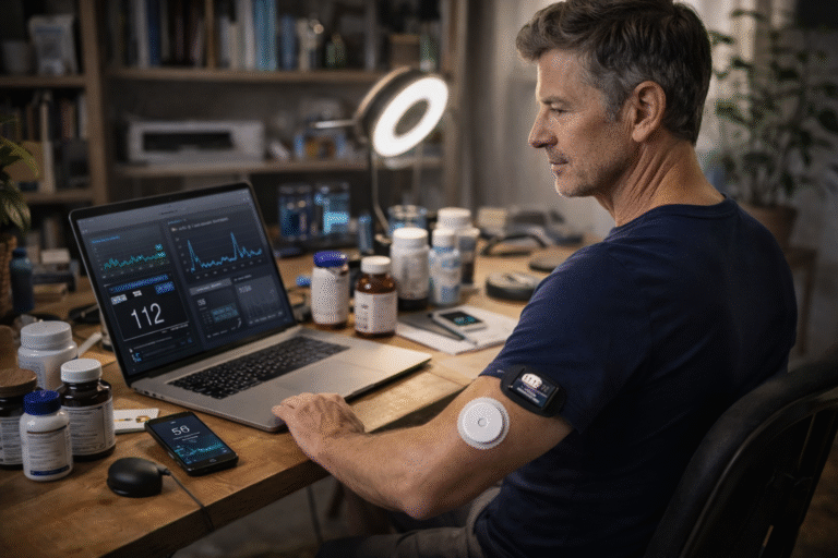 Person-at-a-cluttered-desk-surrounded-by-biohacking-devices