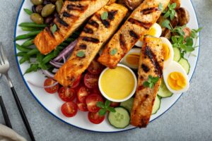 Grilled Salmon with fresh vegetables and dipping sauce