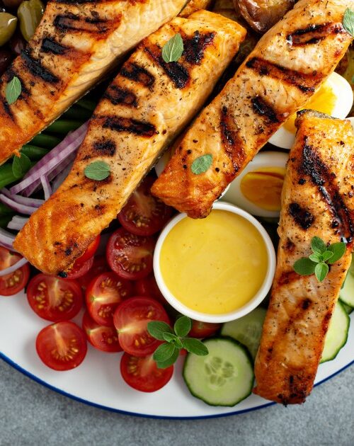 Grilled Salmon with fresh vegetables and dipping sauce