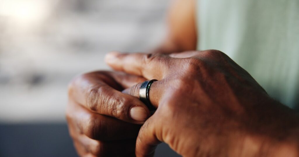 Smart ring, fitness and hands of man in gym for tracking exercise, training and workout progress