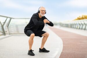 Active Man Doing Squats Outdoors Wearing Headphones