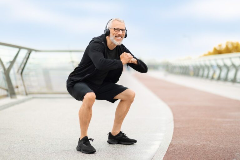 Active Man Doing Squats Outdoors Wearing Headphones