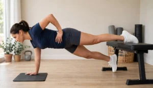 Athlete holding a Copenhagen plank with top leg on a bench