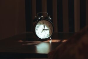 an alarm clock at dusk.
